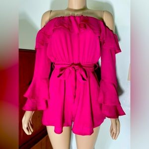 Pink Lily Fuchsia Pink Off The Shoulder Mini Romper